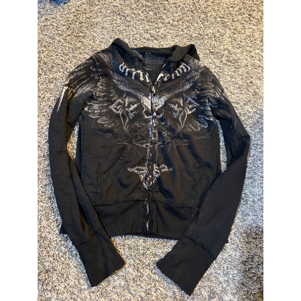Affliction Live Fast Women Zip Up Hoodie Black Silver Skull Winged Y2K Small